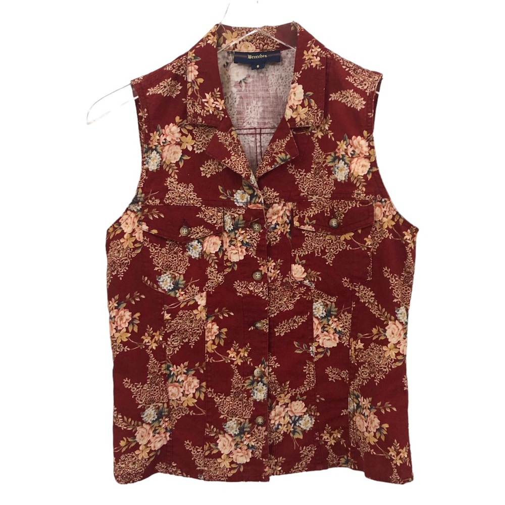 Vintage | Linen Blend Floral Print Vest Waistcoat Red Boho Cottagecore Western